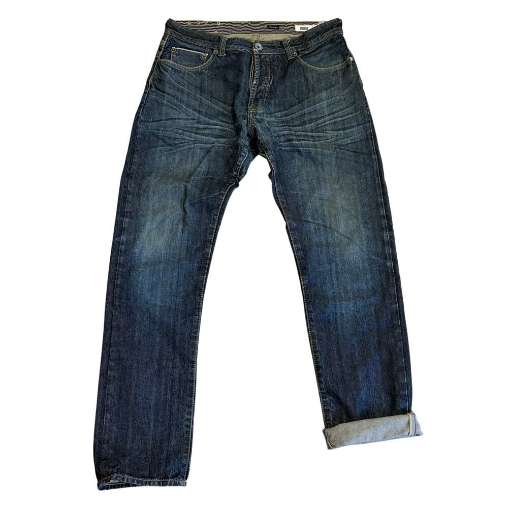 Sabit Jeans Men’s Selvedge Denim Distressed Dark Wash Size 34x34 Patch - READ!